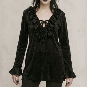 VTG Bonnie Strauss Velvet Ruffle Top Relaxed M Black Emo Grunge Witchy Romantic